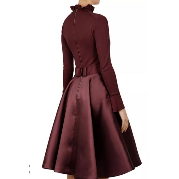 Ted Baker Zadi Dress Burgundy Fit & Flare Satin Skirt Frill Cuff Ruffle Neck - Picture 2 of 15